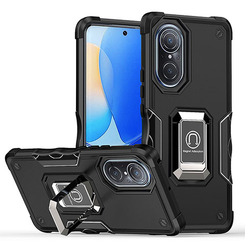 Funda Bumper Silicona y Plastico Mate Carcasa con Magnetico Anillo de dedo Soporte QW1 para Huawei Nova 9 Negro