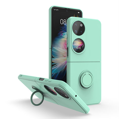 Funda Bumper Silicona y Plastico Mate Carcasa con Magnetico Anillo de dedo Soporte QW1 para Huawei P50 Pocket Menta Verde