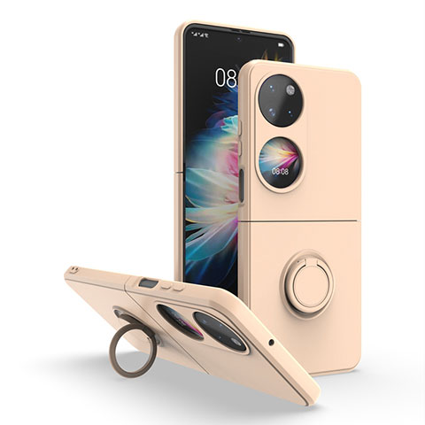 Funda Bumper Silicona y Plastico Mate Carcasa con Magnetico Anillo de dedo Soporte QW1 para Huawei P50 Pocket Oro