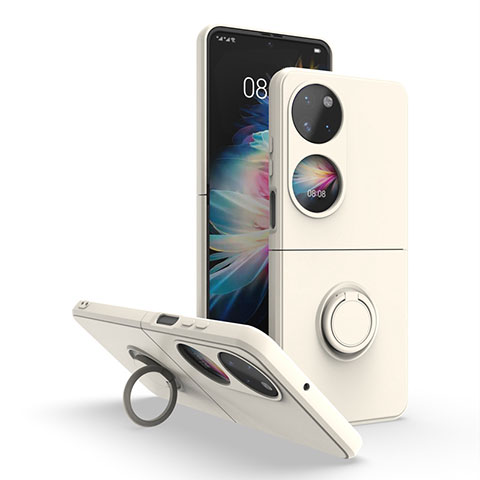 Funda Bumper Silicona y Plastico Mate Carcasa con Magnetico Anillo de dedo Soporte QW1 para Huawei P60 Pocket Blanco