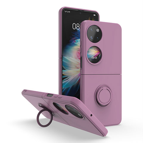 Funda Bumper Silicona y Plastico Mate Carcasa con Magnetico Anillo de dedo Soporte QW1 para Huawei P60 Pocket Morado