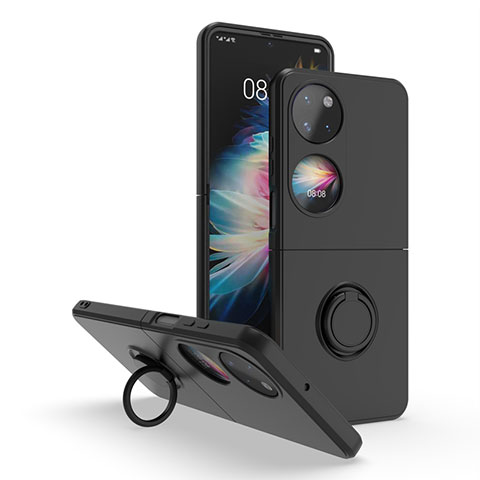 Funda Bumper Silicona y Plastico Mate Carcasa con Magnetico Anillo de dedo Soporte QW1 para Huawei P60 Pocket Negro