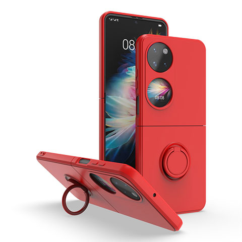 Funda Bumper Silicona y Plastico Mate Carcasa con Magnetico Anillo de dedo Soporte QW1 para Huawei P60 Pocket Rojo