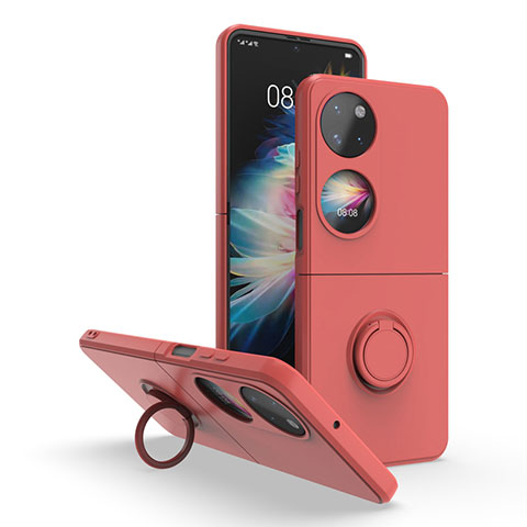 Funda Bumper Silicona y Plastico Mate Carcasa con Magnetico Anillo de dedo Soporte QW1 para Huawei P60 Pocket Rojo Rosa