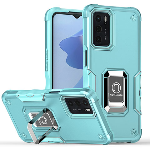 Funda Bumper Silicona y Plastico Mate Carcasa con Magnetico Anillo de dedo Soporte QW1 para Oppo A16 Azul Claro