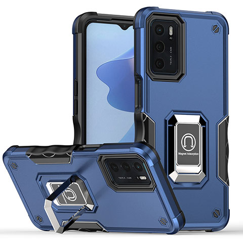 Funda Bumper Silicona y Plastico Mate Carcasa con Magnetico Anillo de dedo Soporte QW1 para Oppo A16s Azul