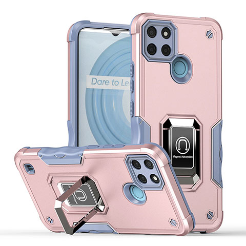 Funda Bumper Silicona y Plastico Mate Carcasa con Magnetico Anillo de dedo Soporte QW1 para Realme C21Y Oro Rosa