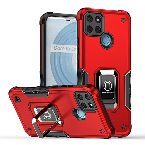 Funda Bumper Silicona y Plastico Mate Carcasa con Magnetico Anillo de dedo Soporte QW1 para Realme C21Y Rojo