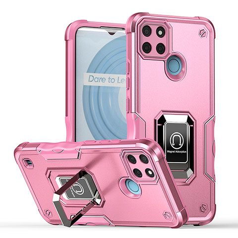 Funda Bumper Silicona y Plastico Mate Carcasa con Magnetico Anillo de dedo Soporte QW1 para Realme C21Y Rosa