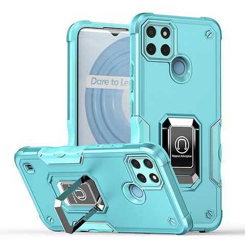 Funda Bumper Silicona y Plastico Mate Carcasa con Magnetico Anillo de dedo Soporte QW1 para Realme C25Y India Azul Claro