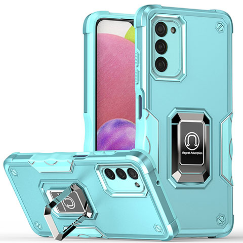 Funda Bumper Silicona y Plastico Mate Carcasa con Magnetico Anillo de dedo Soporte QW1 para Samsung Galaxy A02s Azul Claro