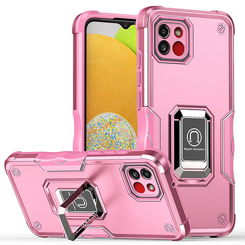 Funda Bumper Silicona y Plastico Mate Carcasa con Magnetico Anillo de dedo Soporte QW1 para Samsung Galaxy A03 Oro Rosa