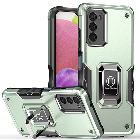 Funda Bumper Silicona y Plastico Mate Carcasa con Magnetico Anillo de dedo Soporte QW1 para Samsung Galaxy A03s Menta Verde