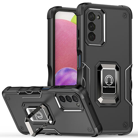 Funda Bumper Silicona y Plastico Mate Carcasa con Magnetico Anillo de dedo Soporte QW1 para Samsung Galaxy A03s Negro