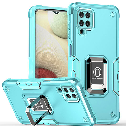 Funda Bumper Silicona y Plastico Mate Carcasa con Magnetico Anillo de dedo Soporte QW1 para Samsung Galaxy A12 Azul Claro