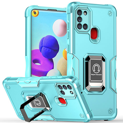 Funda Bumper Silicona y Plastico Mate Carcasa con Magnetico Anillo de dedo Soporte QW1 para Samsung Galaxy A21s Azul Claro