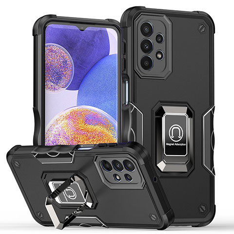 Funda Bumper Silicona y Plastico Mate Carcasa con Magnetico Anillo de dedo Soporte QW1 para Samsung Galaxy A23 4G Negro