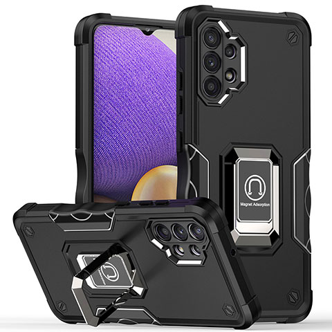 Funda Bumper Silicona y Plastico Mate Carcasa con Magnetico Anillo de dedo Soporte QW1 para Samsung Galaxy A32 5G Negro