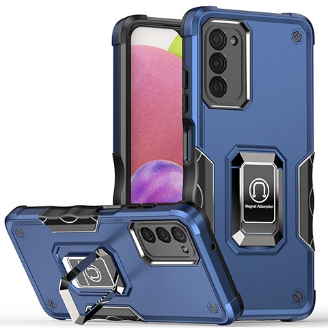 Funda Bumper Silicona y Plastico Mate Carcasa con Magnetico Anillo de dedo Soporte QW1 para Samsung Galaxy F02S SM-E025F Azul