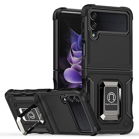 Funda Bumper Silicona y Plastico Mate Carcasa con Magnetico Anillo de dedo Soporte QW1 para Samsung Galaxy Z Flip4 5G Negro