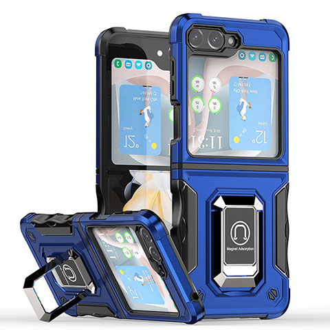 Funda Bumper Silicona y Plastico Mate Carcasa con Magnetico Anillo de dedo Soporte QW1 para Samsung Galaxy Z Flip5 5G Azul