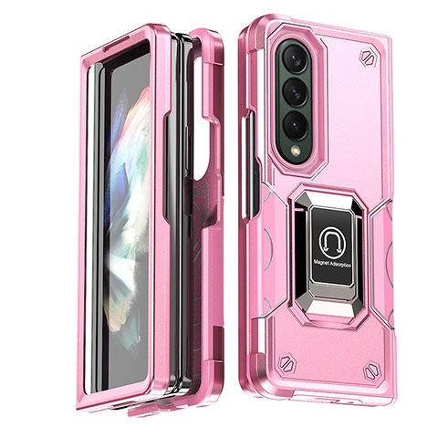 Funda Bumper Silicona y Plastico Mate Carcasa con Magnetico Anillo de dedo Soporte QW1 para Samsung Galaxy Z Fold3 5G Oro Rosa