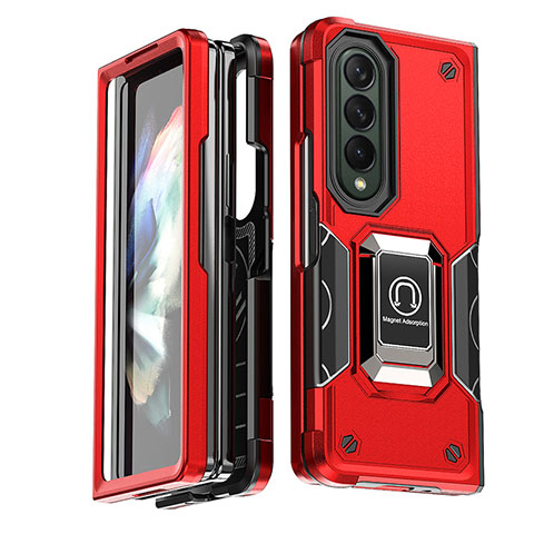 Funda Bumper Silicona y Plastico Mate Carcasa con Magnetico Anillo de dedo Soporte QW1 para Samsung Galaxy Z Fold3 5G Rojo