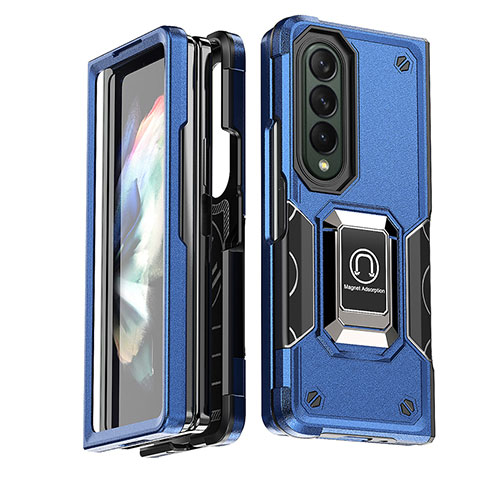 Funda Bumper Silicona y Plastico Mate Carcasa con Magnetico Anillo de dedo Soporte QW1 para Samsung Galaxy Z Fold4 5G Azul