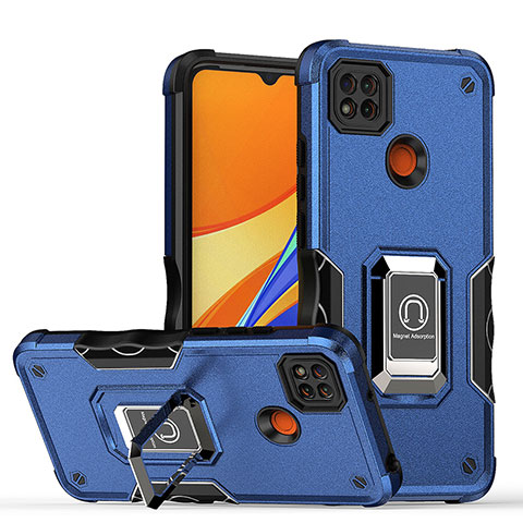 Funda Bumper Silicona y Plastico Mate Carcasa con Magnetico Anillo de dedo Soporte QW1 para Xiaomi POCO C3 Azul