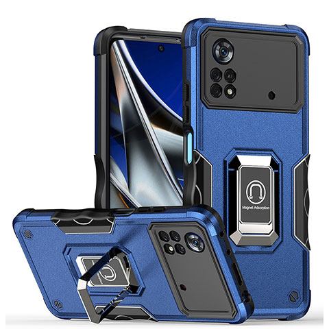 Funda Bumper Silicona y Plastico Mate Carcasa con Magnetico Anillo de dedo Soporte QW1 para Xiaomi Poco M4 Pro 4G Azul