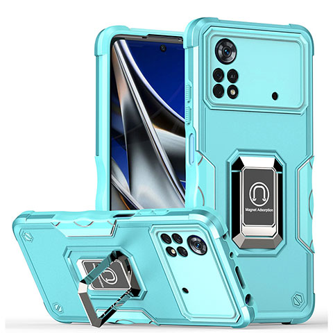 Funda Bumper Silicona y Plastico Mate Carcasa con Magnetico Anillo de dedo Soporte QW1 para Xiaomi Poco M4 Pro 4G Azul Claro