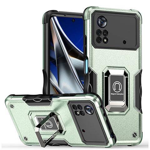 Funda Bumper Silicona y Plastico Mate Carcasa con Magnetico Anillo de dedo Soporte QW1 para Xiaomi Poco M4 Pro 4G Menta Verde