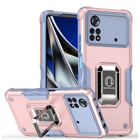 Funda Bumper Silicona y Plastico Mate Carcasa con Magnetico Anillo de dedo Soporte QW1 para Xiaomi Poco M4 Pro 4G Rosa