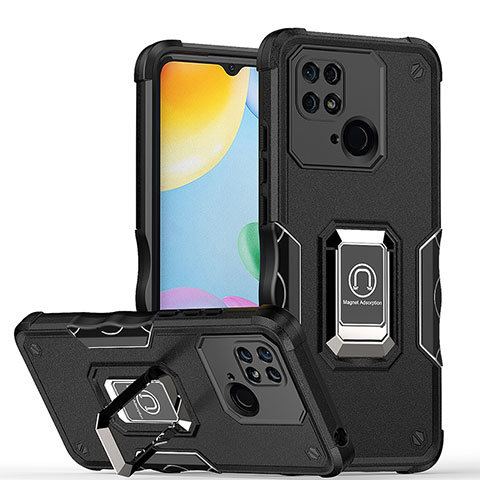 Funda Bumper Silicona y Plastico Mate Carcasa con Magnetico Anillo de dedo Soporte QW1 para Xiaomi Redmi 10 Power Negro