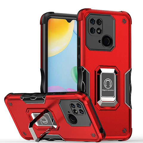 Funda Bumper Silicona y Plastico Mate Carcasa con Magnetico Anillo de dedo Soporte QW1 para Xiaomi Redmi 10 Power Rojo