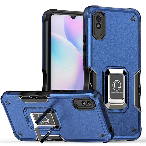 Funda Bumper Silicona y Plastico Mate Carcasa con Magnetico Anillo de dedo Soporte QW1 para Xiaomi Redmi 9A Azul