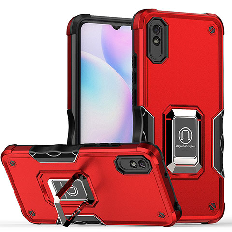 Funda Bumper Silicona y Plastico Mate Carcasa con Magnetico Anillo de dedo Soporte QW1 para Xiaomi Redmi 9A Rojo