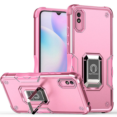 Funda Bumper Silicona y Plastico Mate Carcasa con Magnetico Anillo de dedo Soporte QW1 para Xiaomi Redmi 9A Rosa Roja