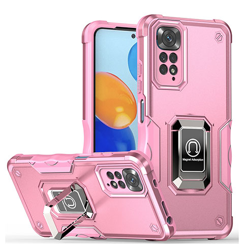 Funda Bumper Silicona y Plastico Mate Carcasa con Magnetico Anillo de dedo Soporte QW1 para Xiaomi Redmi Note 11 4G (2022) Rosa