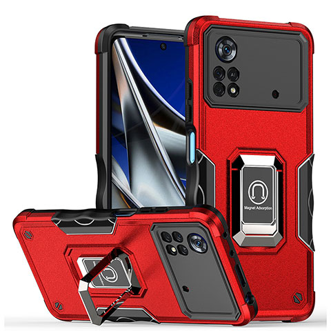 Funda Bumper Silicona y Plastico Mate Carcasa con Magnetico Anillo de dedo Soporte QW1 para Xiaomi Redmi Note 11E Pro 5G Rojo