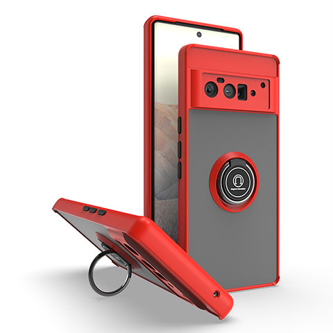 Funda Bumper Silicona y Plastico Mate Carcasa con Magnetico Anillo de dedo Soporte QW2 para Google Pixel 6 Pro 5G Rojo