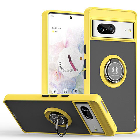 Funda Bumper Silicona y Plastico Mate Carcasa con Magnetico Anillo de dedo Soporte QW2 para Google Pixel 7 5G Amarillo