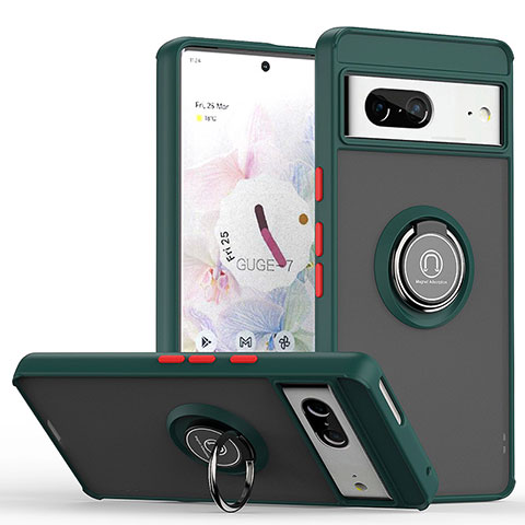 Funda Bumper Silicona y Plastico Mate Carcasa con Magnetico Anillo de dedo Soporte QW2 para Google Pixel 7 5G Verde Noche