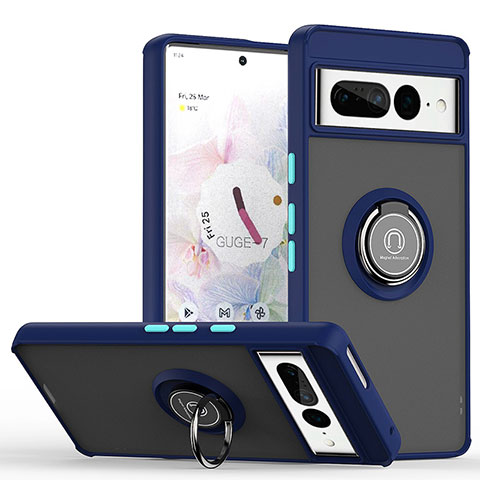 Funda Bumper Silicona y Plastico Mate Carcasa con Magnetico Anillo de dedo Soporte QW2 para Google Pixel 7 Pro 5G Azul