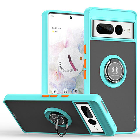 Funda Bumper Silicona y Plastico Mate Carcasa con Magnetico Anillo de dedo Soporte QW2 para Google Pixel 7 Pro 5G Cian