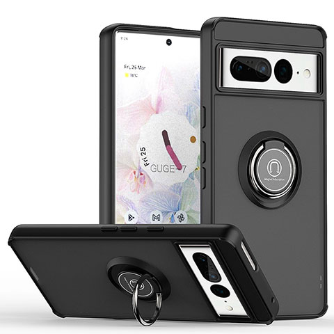 Funda Bumper Silicona y Plastico Mate Carcasa con Magnetico Anillo de dedo Soporte QW2 para Google Pixel 7 Pro 5G Negro