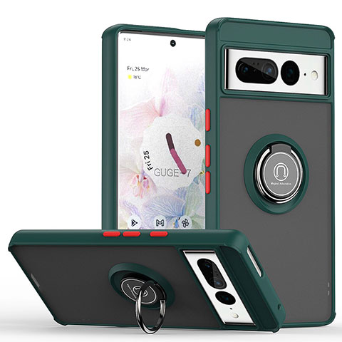 Funda Bumper Silicona y Plastico Mate Carcasa con Magnetico Anillo de dedo Soporte QW2 para Google Pixel 7 Pro 5G Verde Noche