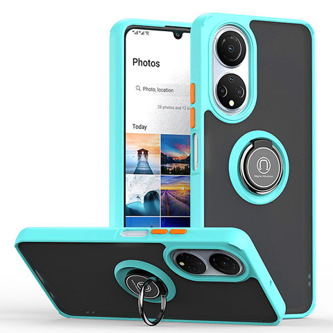 Funda Bumper Silicona y Plastico Mate Carcasa con Magnetico Anillo de dedo Soporte QW2 para Huawei Honor X7 Cian