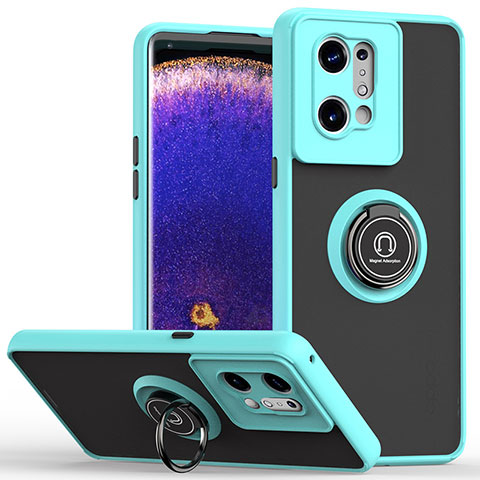 Funda Bumper Silicona y Plastico Mate Carcasa con Magnetico Anillo de dedo Soporte QW2 para Oppo Find X5 5G Cian