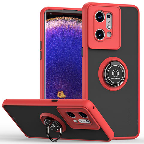 Funda Bumper Silicona y Plastico Mate Carcasa con Magnetico Anillo de dedo Soporte QW2 para Oppo Find X5 5G Rojo